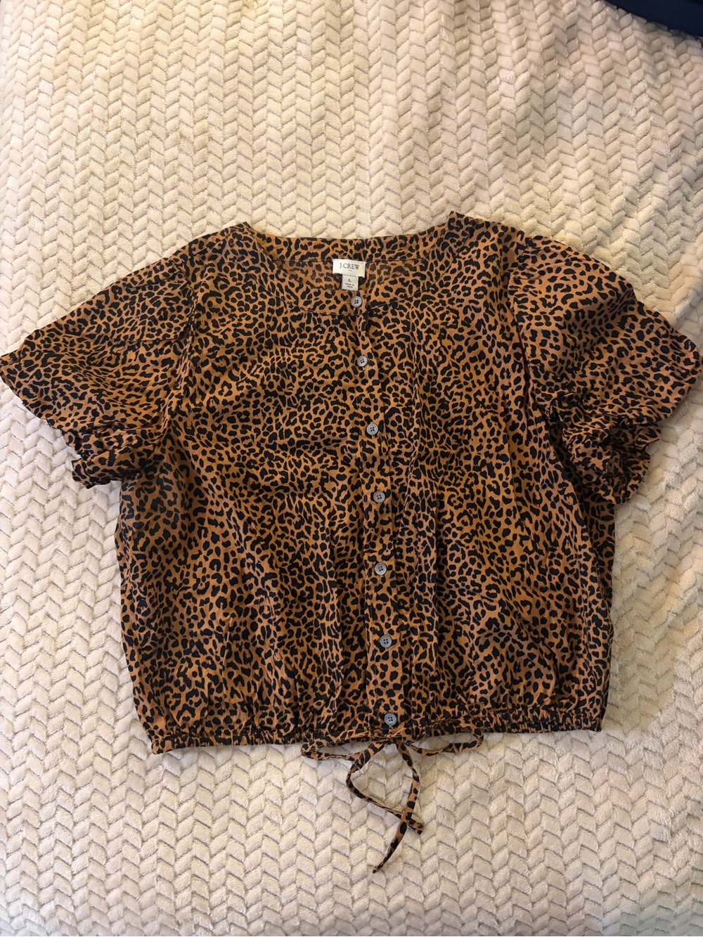 J. Crew Leopard Print Button-Front Short Sleeve Top in Brown and Black